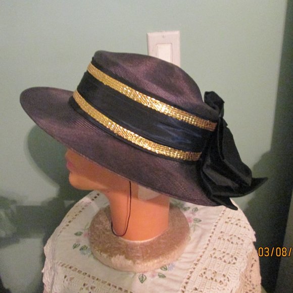 Eric Javits Black Straw Hat Gold Trim Bow Back main image 4